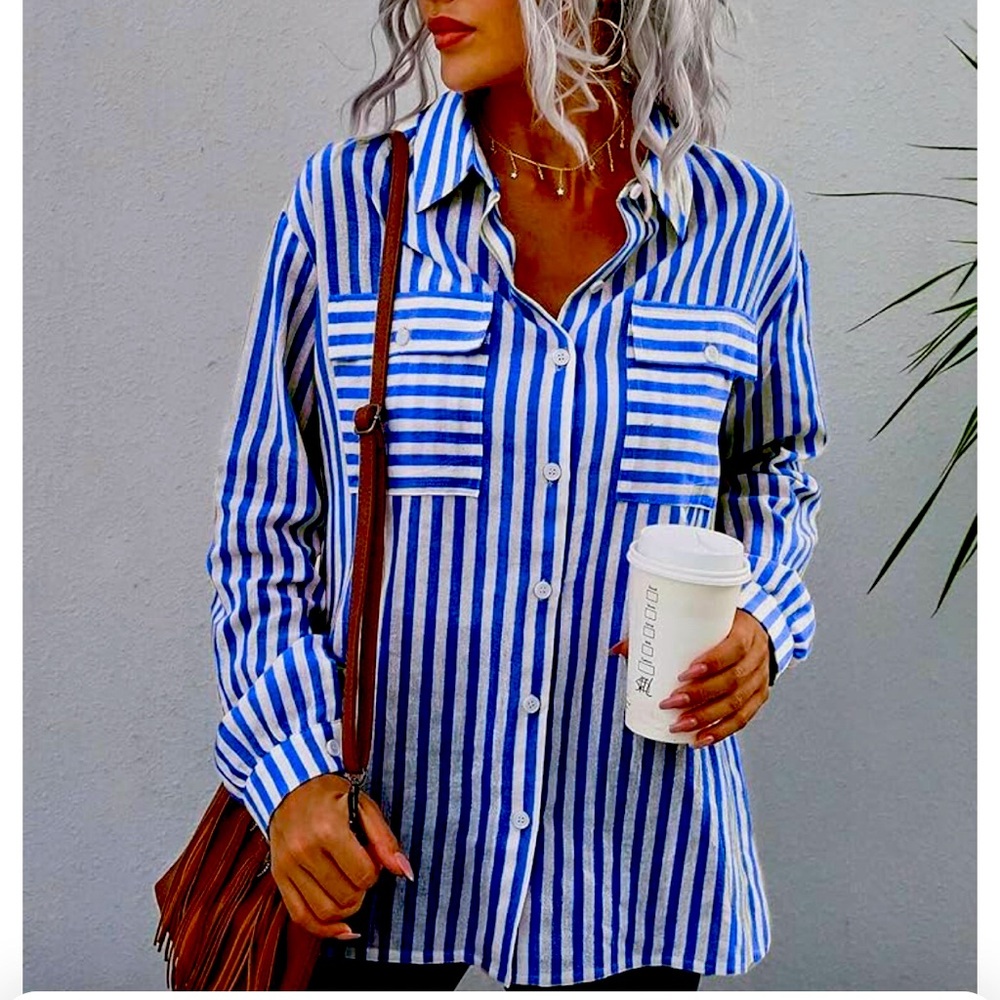 SHEIN Striped Flap Pocket Collared Top